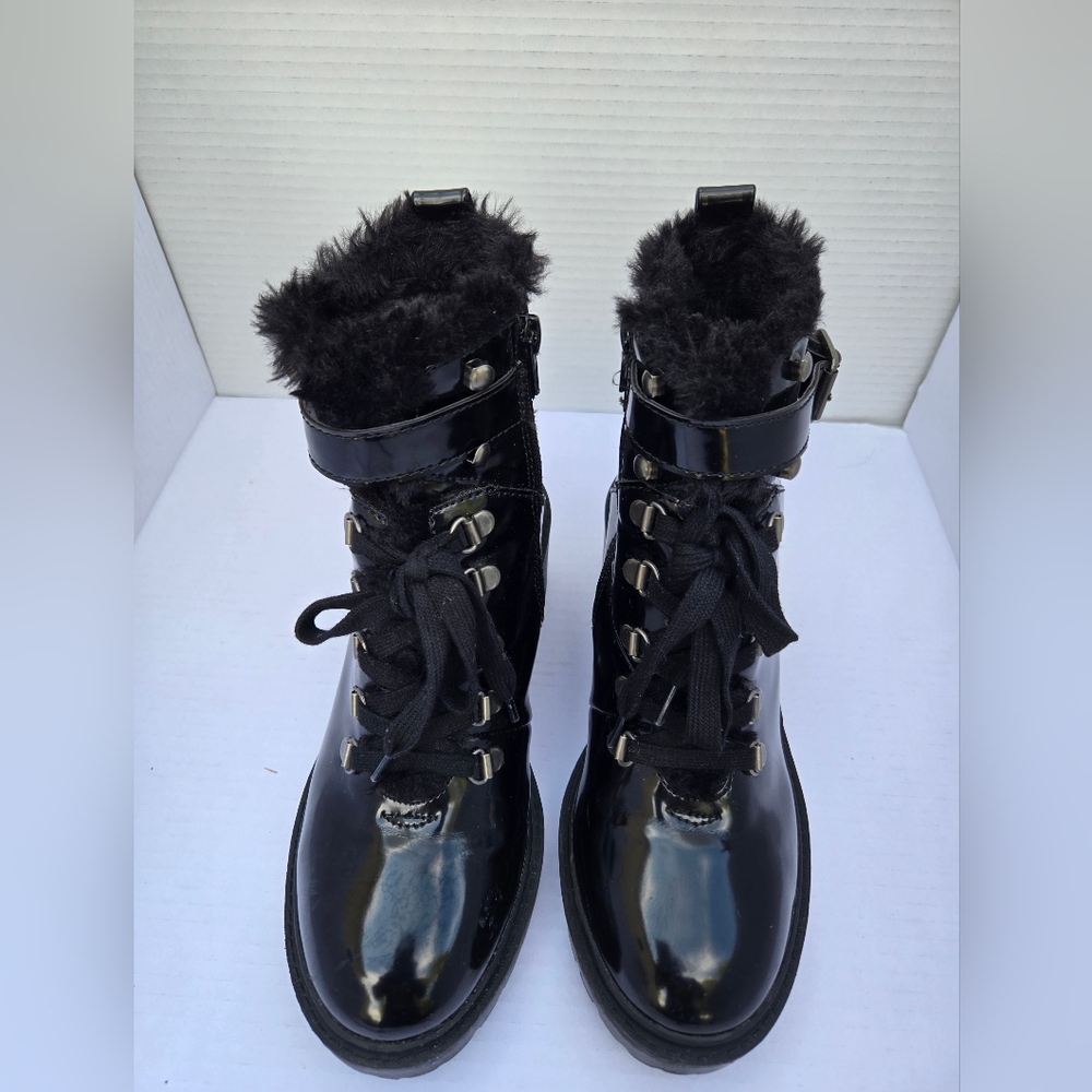 Jellypop Patent Leather Fur Line Side Zipper Combat Boots size 7.5